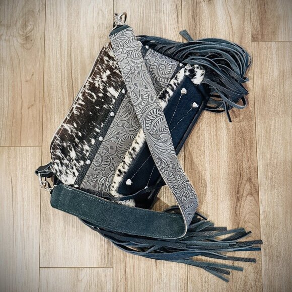 Dancing Cactus Designs Handbags - DCD “Annie” Shoulder Bag | Chocolate/White Hide + Lead Dallas Tool | Fringe